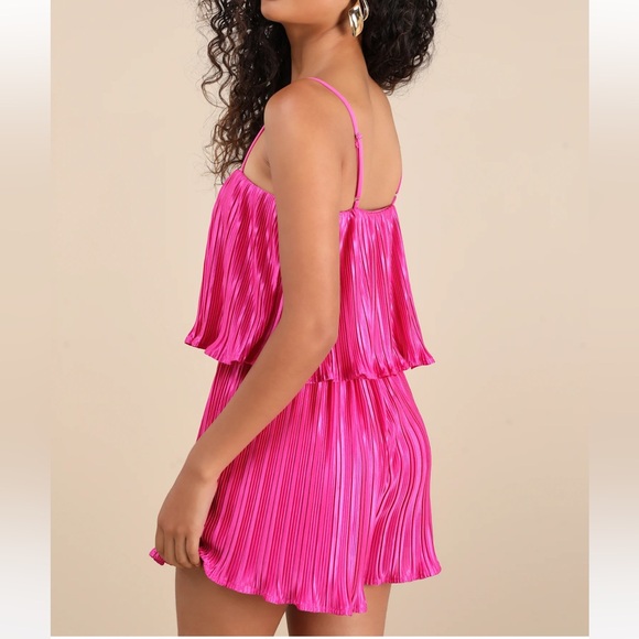 Lulus Fun Flirt Hot Pink Satin Plisse Sleeveless Romper - Size M - Picture 2 of 5